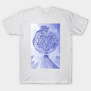 aztec calendar in teotihuacan quetzalcoatl pyramid ecopop pattern art T-Shirt